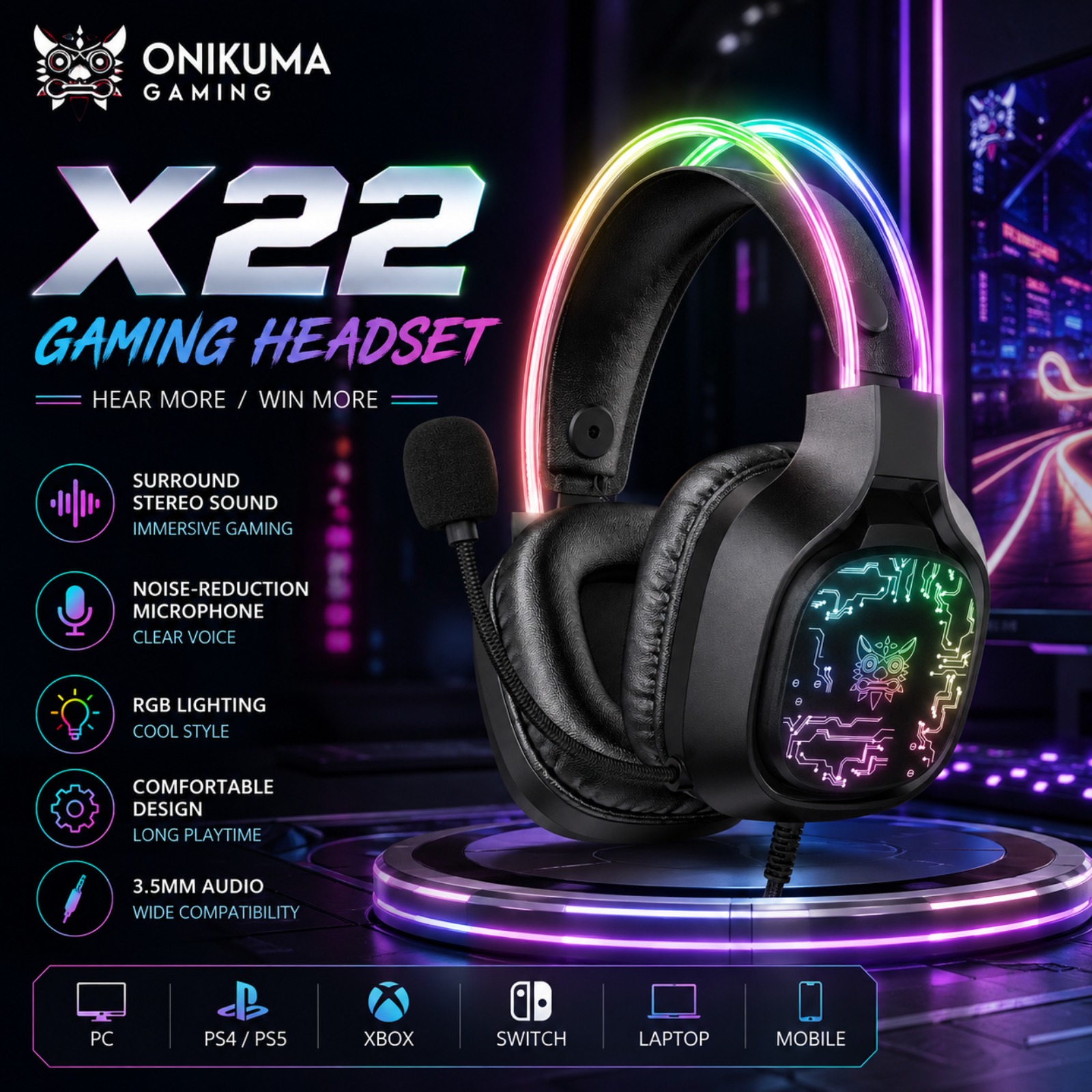 Gaming Headset With Mic Rgb - Auriculares para Juegos con Cable ONIKUMA